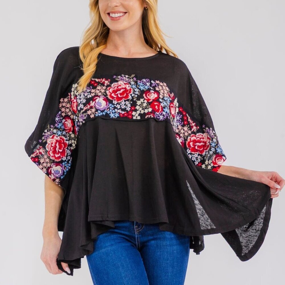 Savanna Jane Black Oversized Floral Embroidered Poncho-Style Top Boho